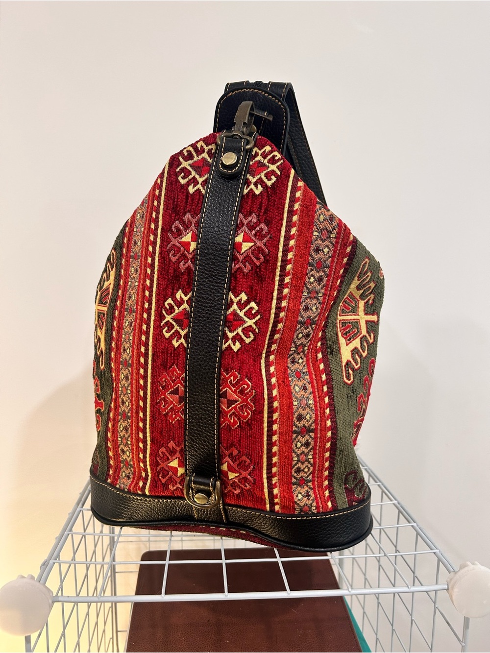 Boho Woven Kilim Backpack in Red, Green & Black